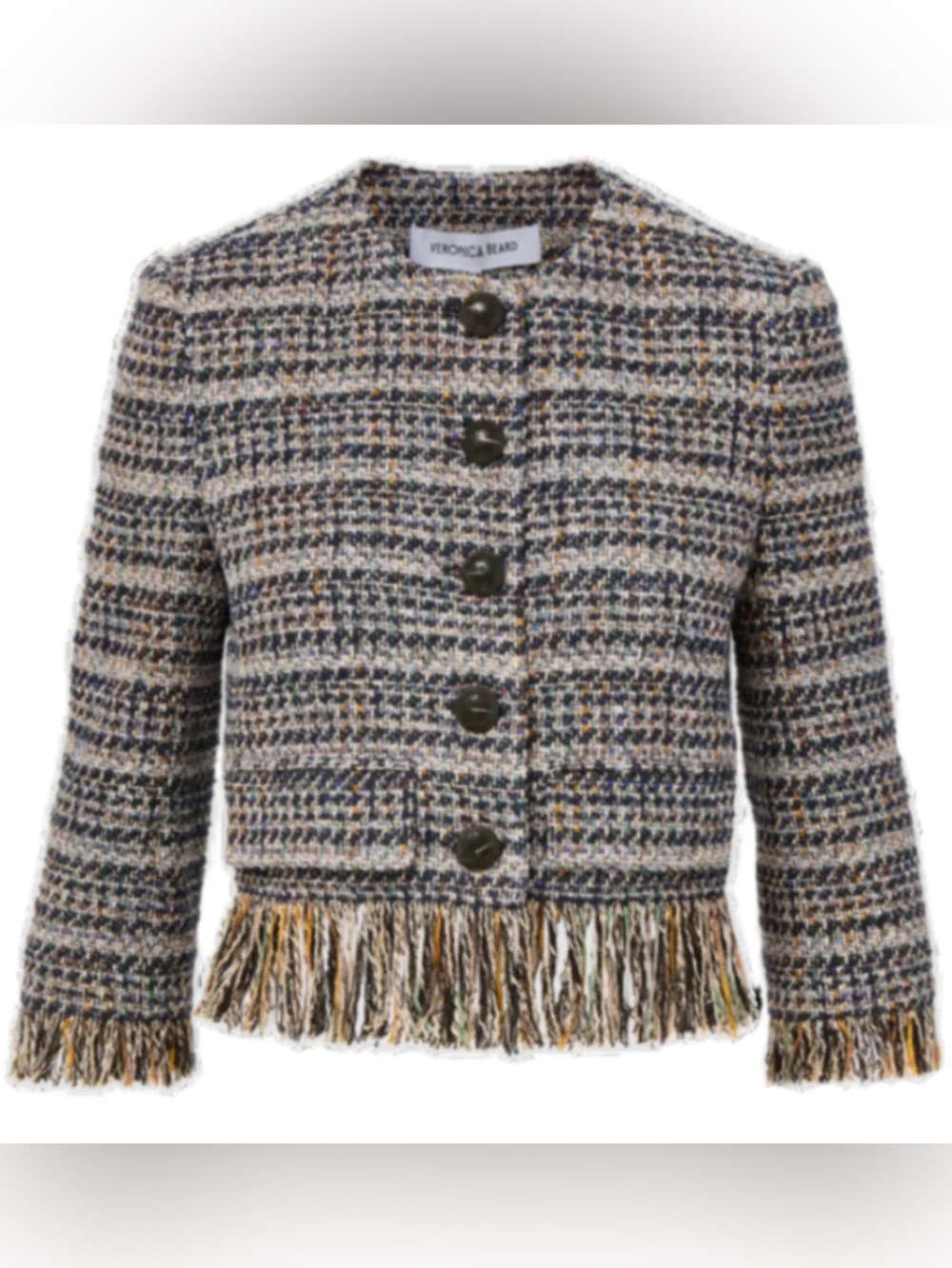 Veronica Beard Multicolor Tweed Fringe Jacket — Neutral Hues with Olive Buttons